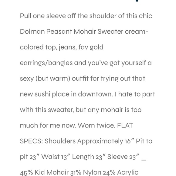 Moda International kid mohair
Ivory Dolman  Womens Sweater Peasant Top.size sm - Picture 4 of 6